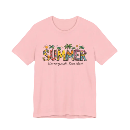 Pink t-shirt featuring Summer graphic from the Summer Narragansett Rhode Island T Shirt Collection