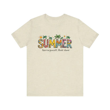 Beige t-shirt featuring Summer Narragansett Rhode Island design in T Shirt Collection