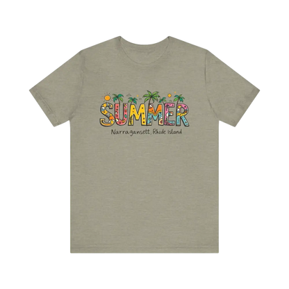 Khaki-colored t-shirt featuring Summer Narragansett, Rhode Island design