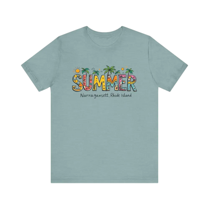 Light blue t-shirt featuring summer design from Summer Narragansett Rhode Island Collection