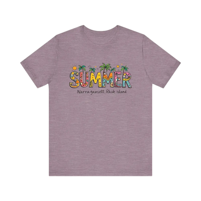 Mauve t-shirt featuring summer design from the Summer Narragansett Rhode Island Collection
