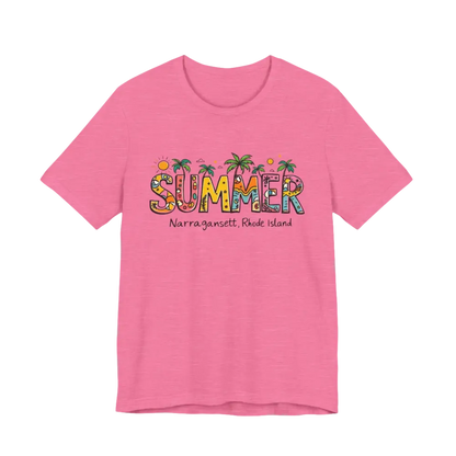 Pink t-shirt featuring Summer graphic from Summer Narragansett Rhode Island T Shirt Collection
