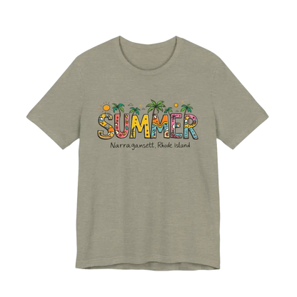 Khaki t-shirt featuring Summer Narragansett Rhode Island design from the collection