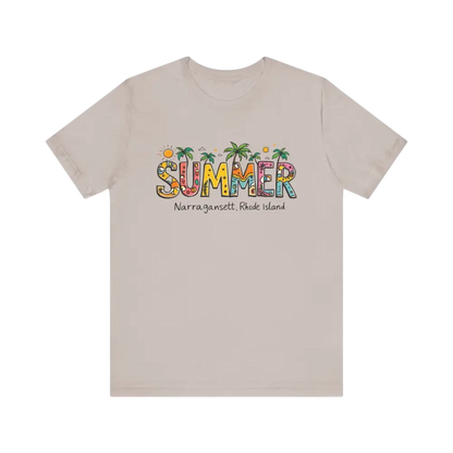 Beige T-shirt featuring Summer Narragansett Rhode Island design from the collection