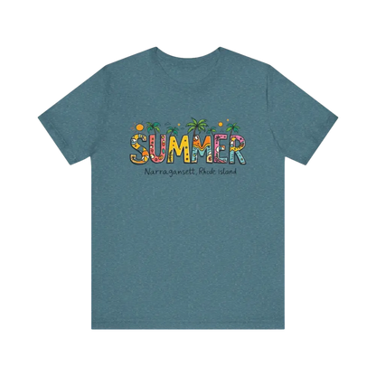 Blue t-shirt featuring Summer Narragansett Rhode Island design from T Shirt Collection