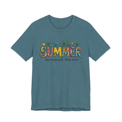 Blue t-shirt featuring Summer graphic from Summer Narragansett Rhode Island T Shirt Collection