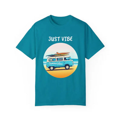 Teal Summer Vibes Unisex T-shirt with beach van graphic on garment dyed fabric