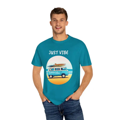 Teal t-shirt showcasing a beach van graphic for summer vibes fashion