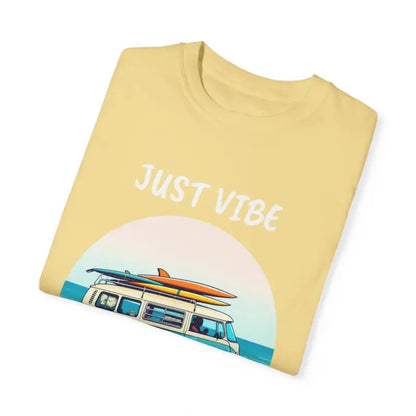 Folded yellow Summer Vibes Unisex Garment Dyed T-Shirt with Van graphics