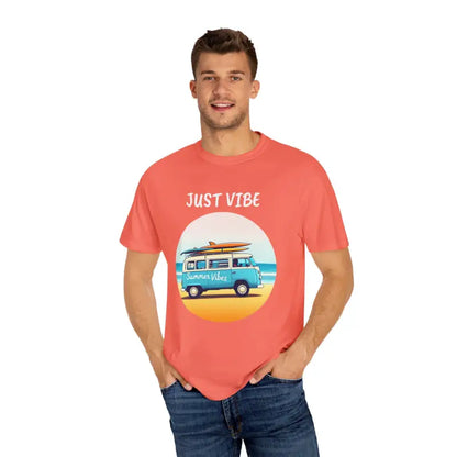 Coral t-shirt with beach van graphic from Summer Vibes Unisex Garment Dyed Collection