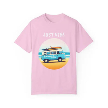 Pink t-shirt featuring summer van graphic from Summer Vibes Unisex Garment Dyed Collection