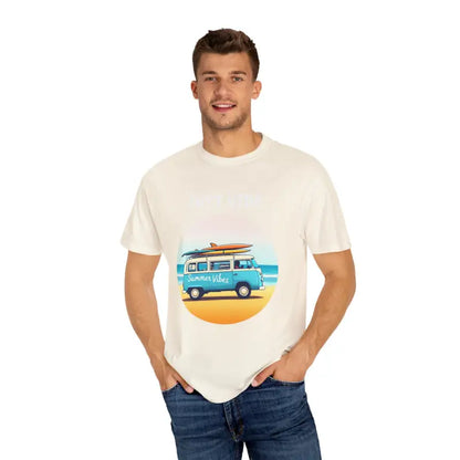 Unisex Summer Vibes T-shirt with vibrant beach van graphic design