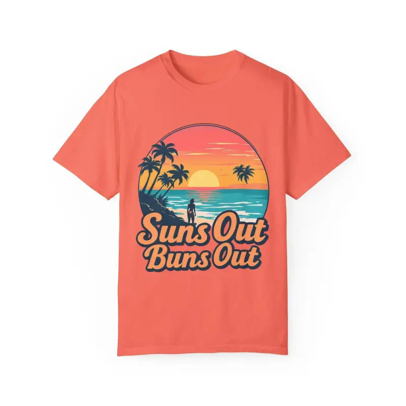 Coral Suns Out Buns Out unisex t-shirt featuring a vibrant beach graphic