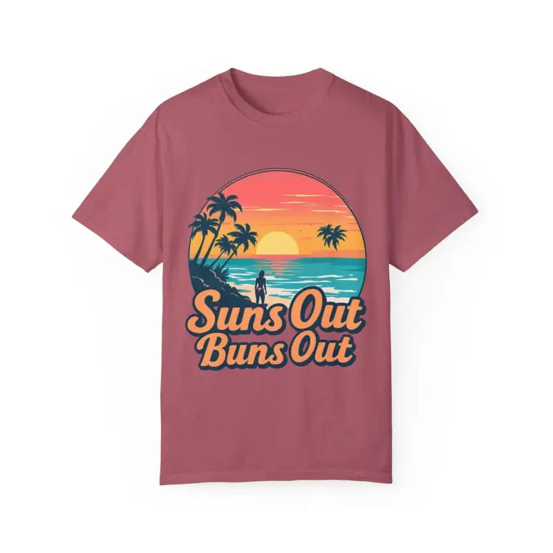 Mauve t-shirt featuring beach graphic from Suns Out Buns Out Unisex Summer Collection