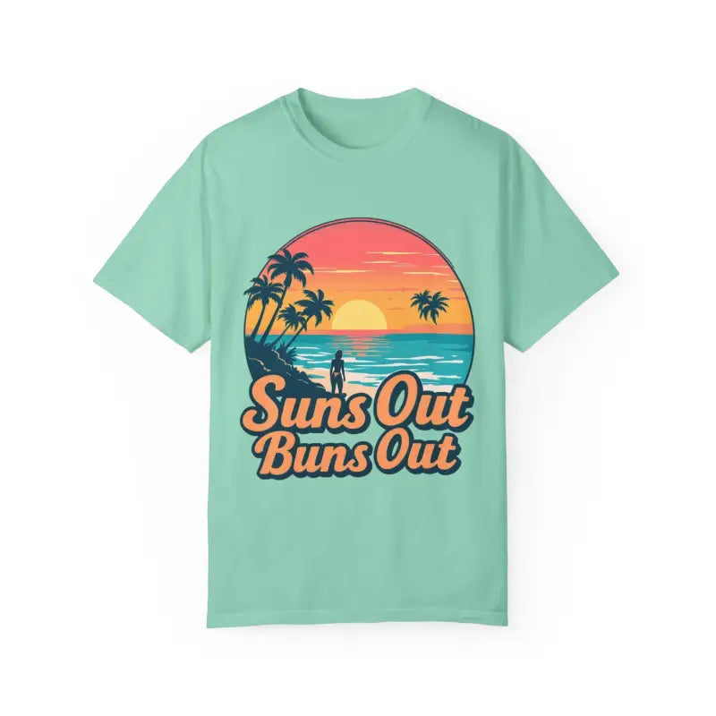 Mint-green Suns Out Buns Out t-shirt featuring beach graphic for summer style
