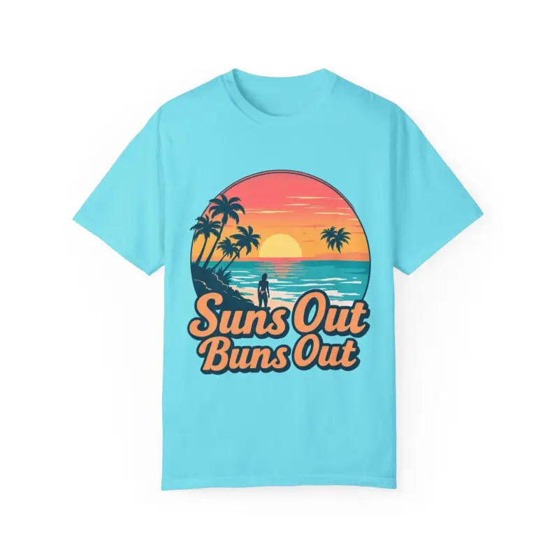 Light blue t-shirt featuring beach graphic from Suns Out Buns Out collection
