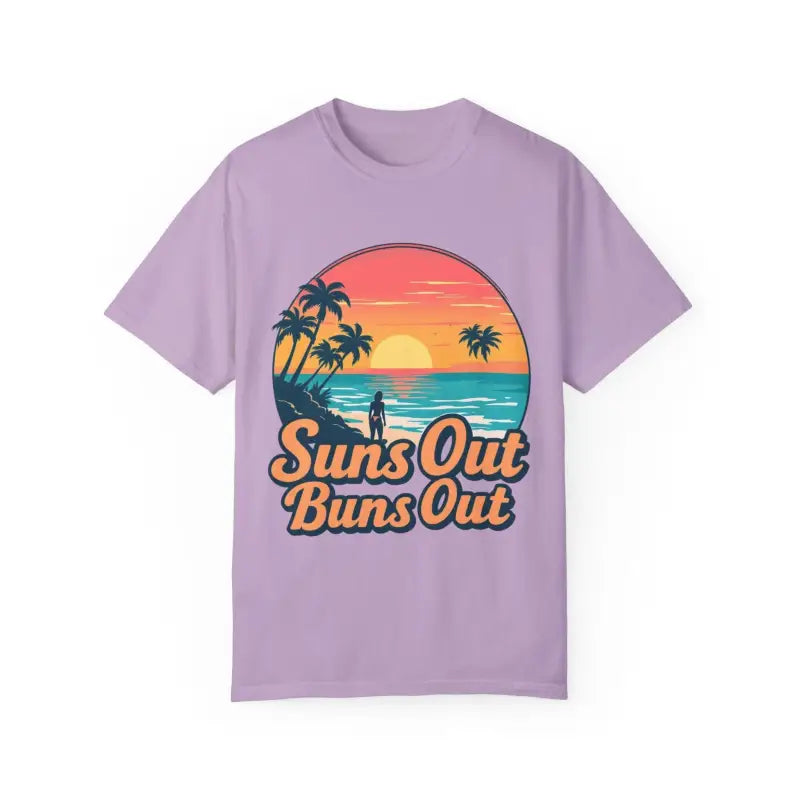 Lavender Suns Out Buns Out Unisex T-shirt featuring beach graphic for summer wear