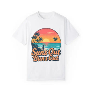 White t-shirt featuring a colorful beach graphic, Suns Out Buns Out summer design
