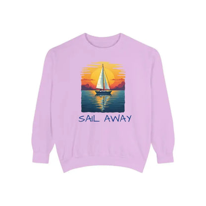 Lilac sweatshirt featuring a sailboat graphic from Sunset Sail Away collection