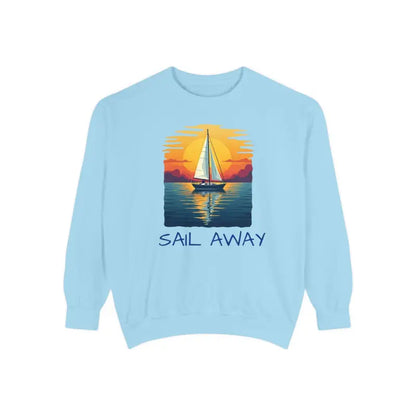 Light blue sweatshirt featuring a sailboat graphic, named Sunset Sail Away Sweatshirt