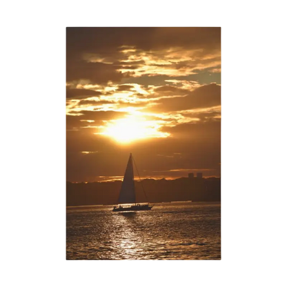 Sailboat silhouetted against a vibrant sunset in Sunset Sailboat Silhouette design
