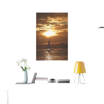 Sailboat sunset canvas print featuring a stunning silhouette of a sailboat at dusk