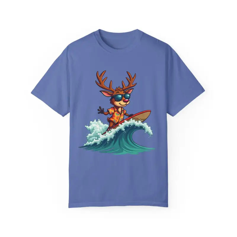 Blue Surfing Reindeer T Shirt featuring a unique surfing reindeer graphic design
