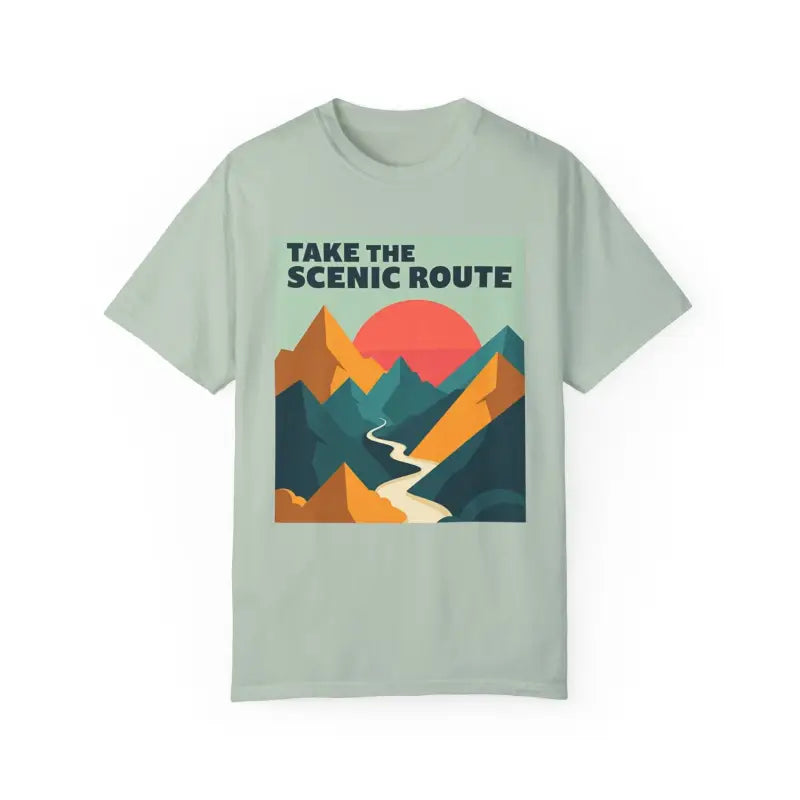 Unisex Garment-Dyed T-shirt featuring mountain graphic for scenic adventure style