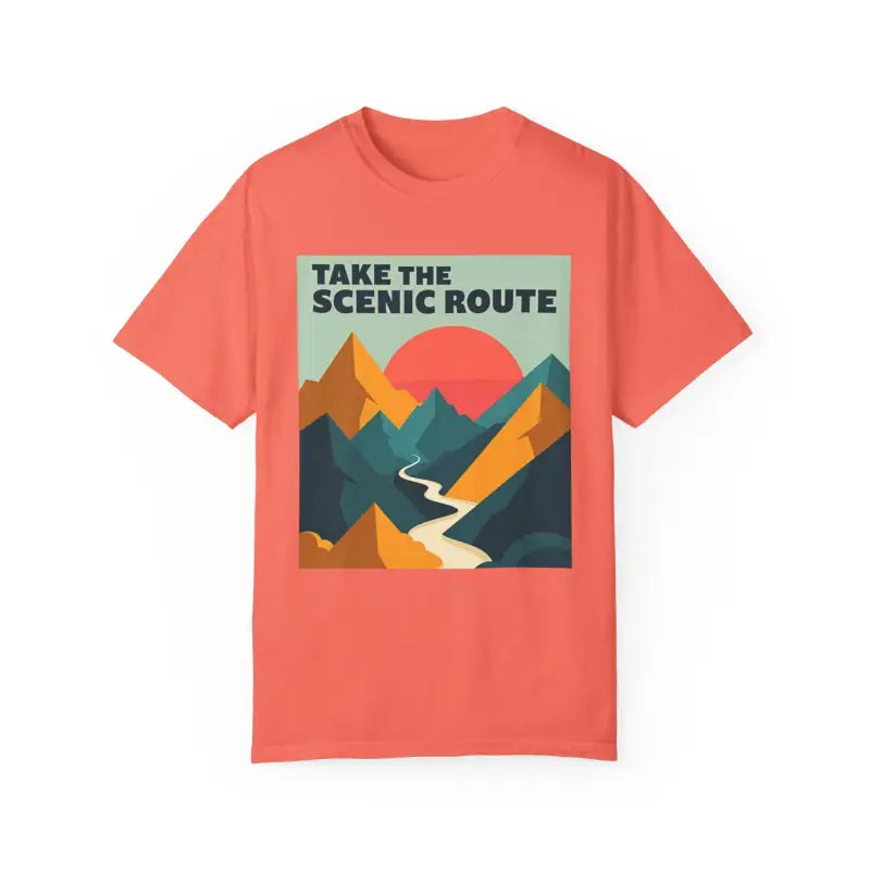 Coral unisex T-shirt featuring a mountain graphic from Take the Scenic Route collection