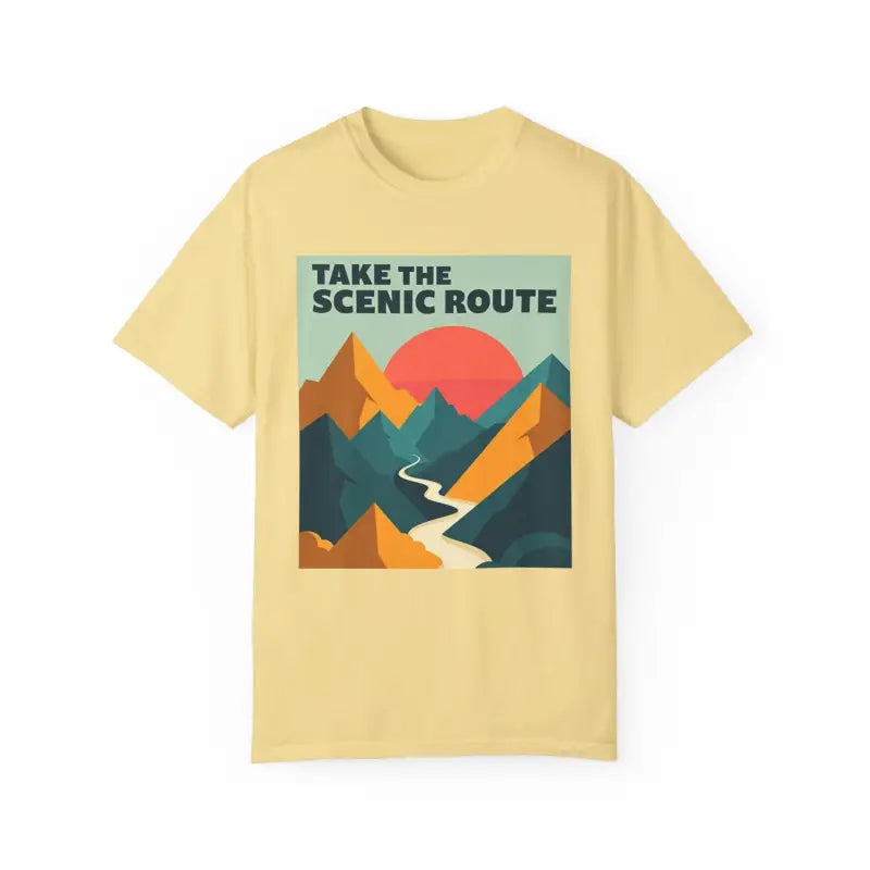 Yellow T-shirt with mountain graphic from Take the Scenic Route Unisex Garment-Dyed T-shirt Adventure