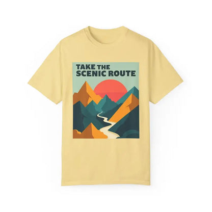 Yellow T-shirt with mountain graphic from Take the Scenic Route Unisex Garment-Dyed T-shirt Adventure