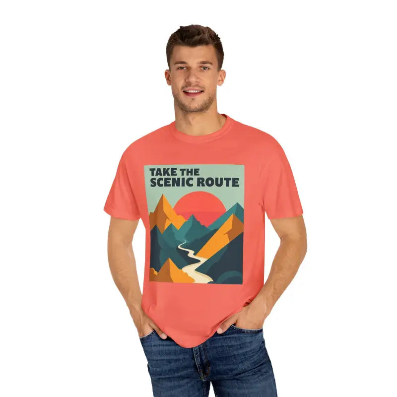 Coral T-shirt with Mountain Graphic from Take the Scenic Route Unisex Garment-Dyed T-shirt Adventure