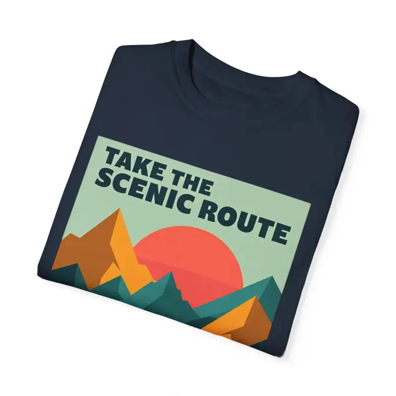 Folded navy T-shirt with mountain graphic from Take the Scenic Route Adventure collection