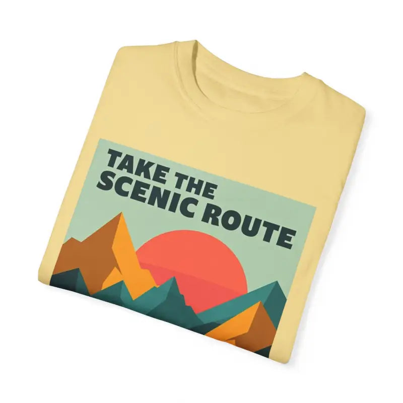 Folded yellow unisex Garment-Dyed T-shirt from Take the Scenic Route Adventure collection