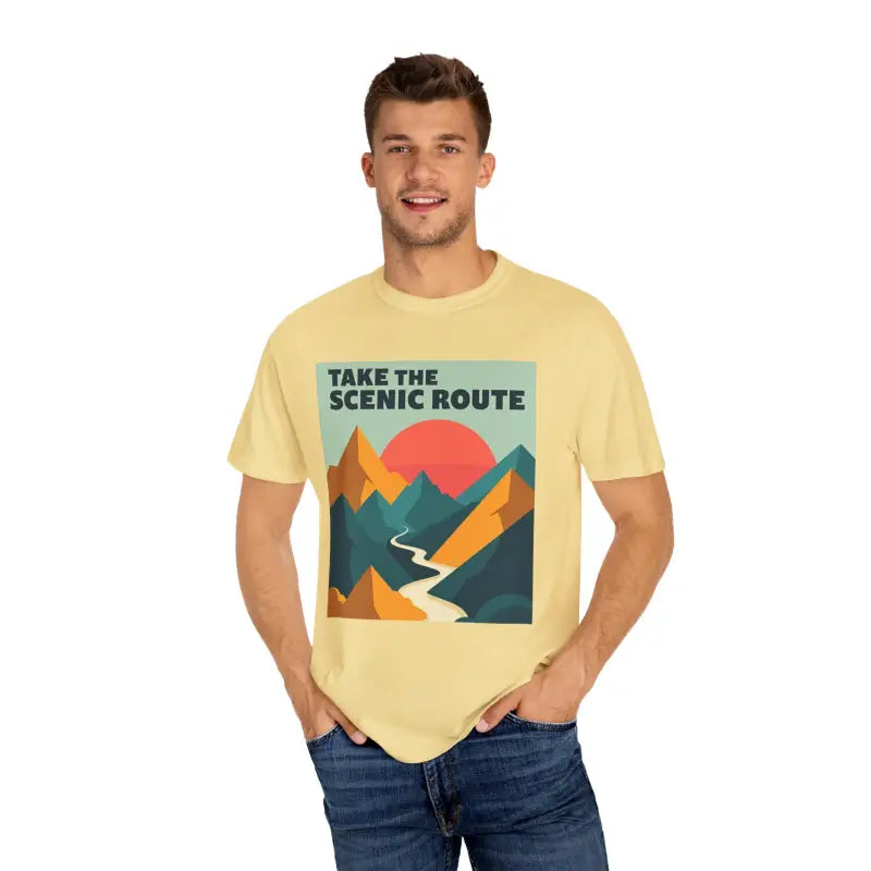 Unisex Garment-Dyed T-shirt with Scenic Route graphic for adventure enthusiasts