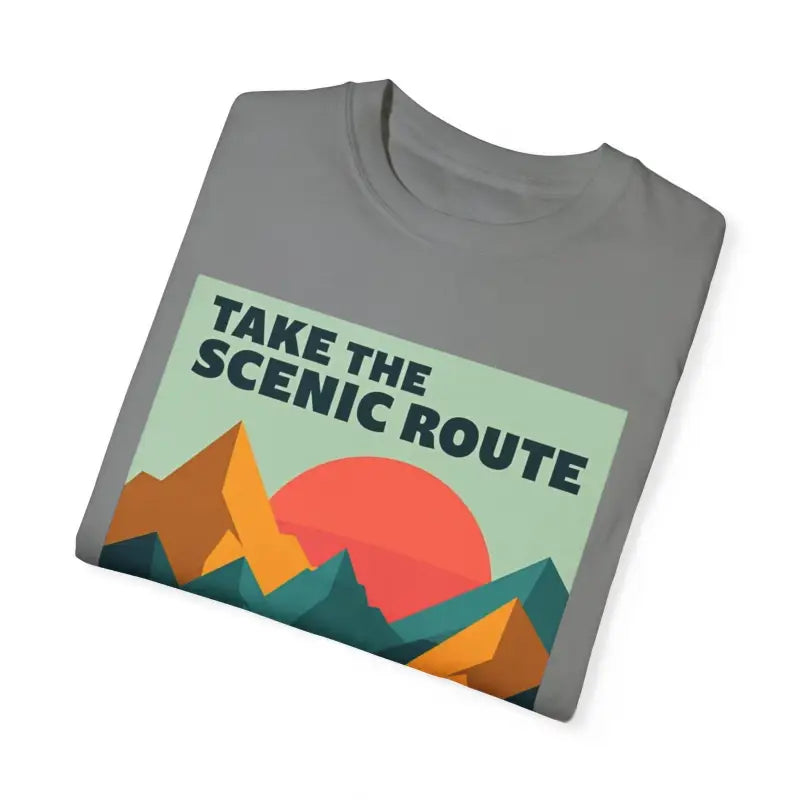 Gray T-shirt with mountain graphic from Take the Scenic Route Unisex Garment-Dyed T-shirt Adventure