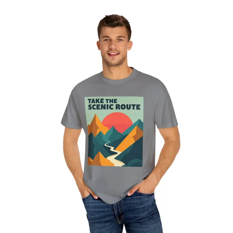 Gray unisex T-shirt with mountain graphic from Take the Scenic Route Adventure collection