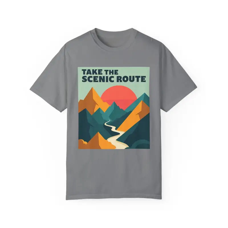 Gray unisex T-shirt with mountain graphic from Take the Scenic Route Adventure collection