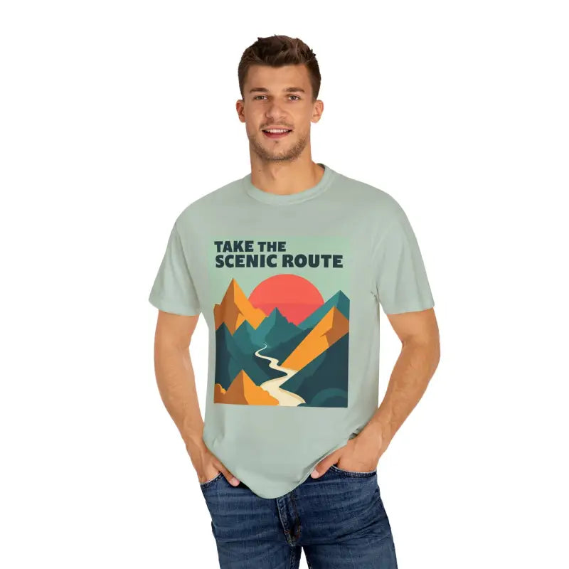 Unisex Garment-Dyed T-shirt featuring a mountain graphic from Take the Scenic Route collection