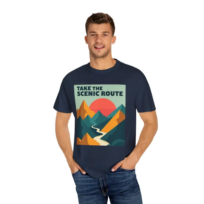 Navy unisex garment-dyed T-shirt featuring scenic mountain graphic suitable for outdoor adventure