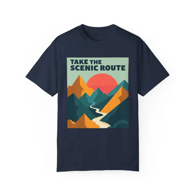 Navy unisex T-shirt with mountain graphic from Take the Scenic Route Adventure collection