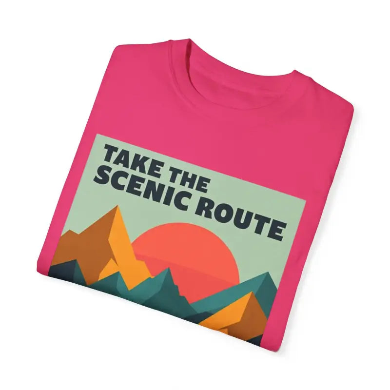 Pink unisex garment-dyed T-shirt featuring mountain graphic from Take the Scenic Route collection