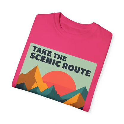 Pink unisex garment-dyed T-shirt featuring mountain graphic from Take the Scenic Route collection