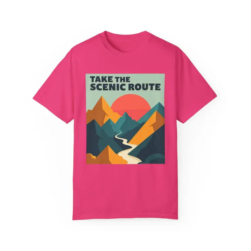 Pink unisex T-shirt with mountain graphic from Take the Scenic Route Adventure line