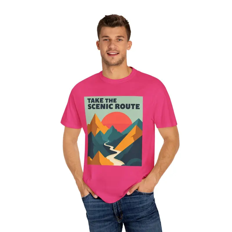 Pink unisex T-shirt with mountain graphic from Take the Scenic Route Adventure collection