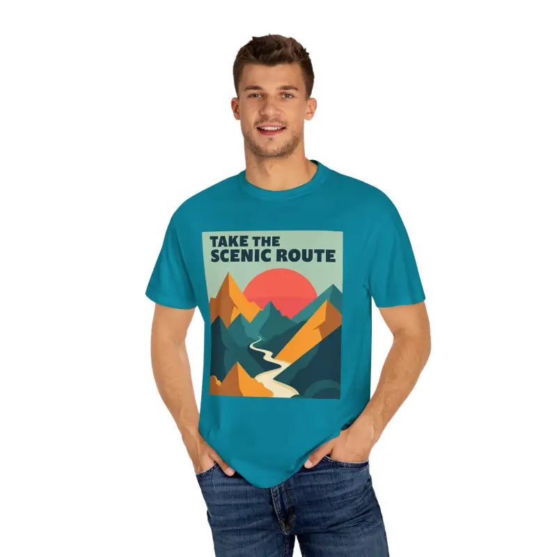 Teal unisex T-shirt with mountain graphic from Take the Scenic Route Adventure collection