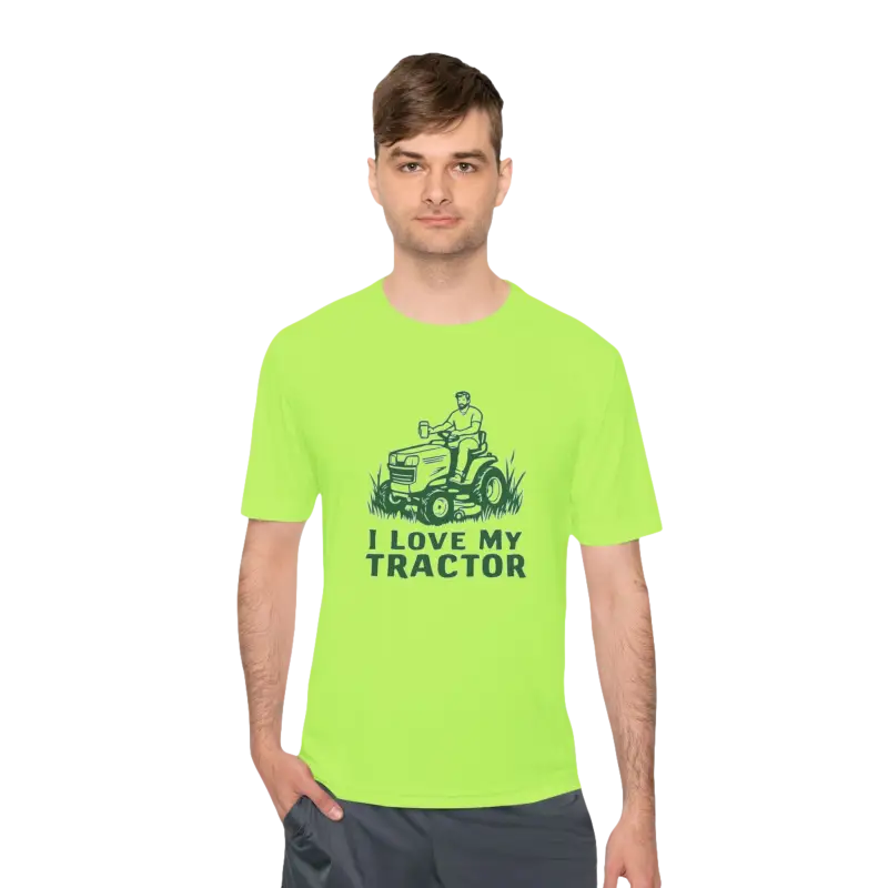 Man in bright green I Love My Tractor t-shirt from Tractor Graphic T Shirts collection