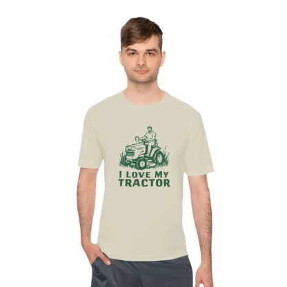 Man’s gray t-shirt featuring a tractor graphic in white and neon green colors