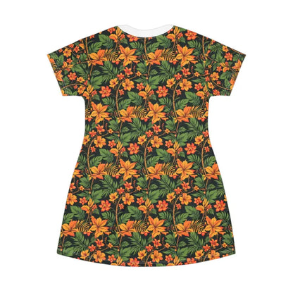 Floral-patterned T-Shirt Dress, ideal for Summer Days, showcasing vibrant tropical design