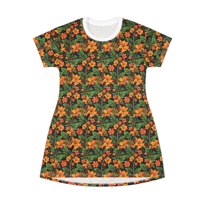 Tropical Floral T-Shirt Dress showcasing vibrant floral print design for summer styling